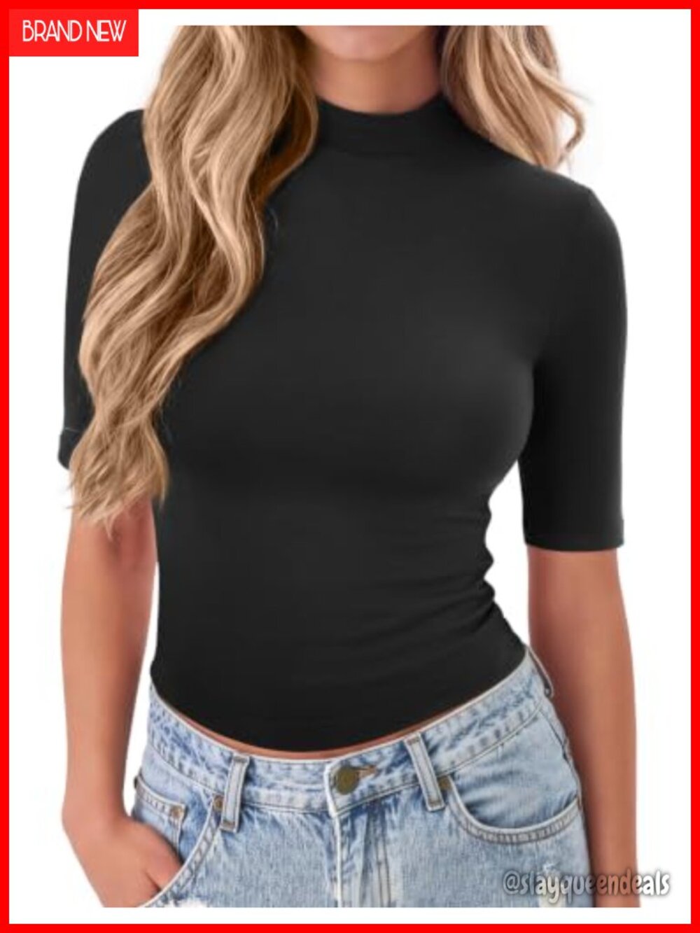 Mock Neck Short Sleeve Slim Fit Tee Polyester Spandex Casual Work Top